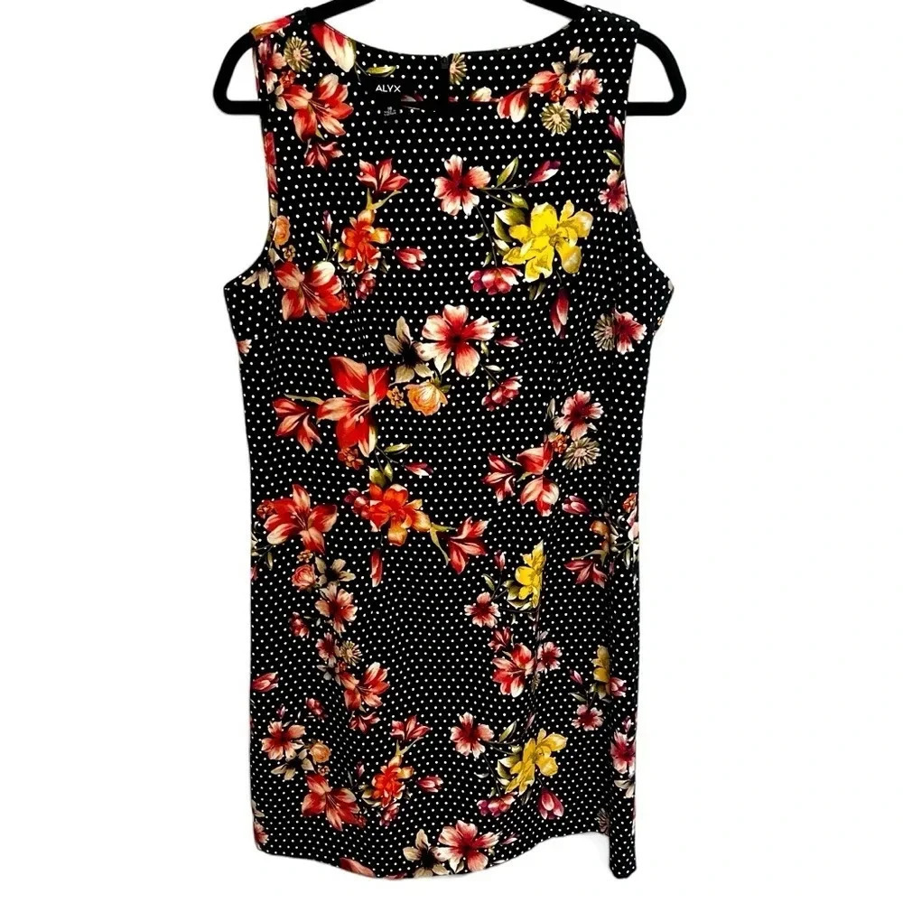 Alyx sleeveless sheath knee length dress floral w/polka dots size 16
